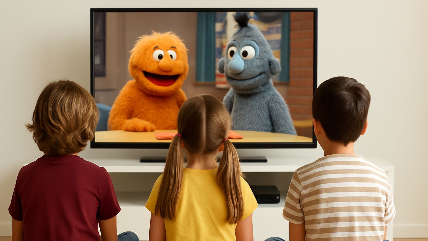 Recreación artística de tres niños viendo Barrio Sésamo.