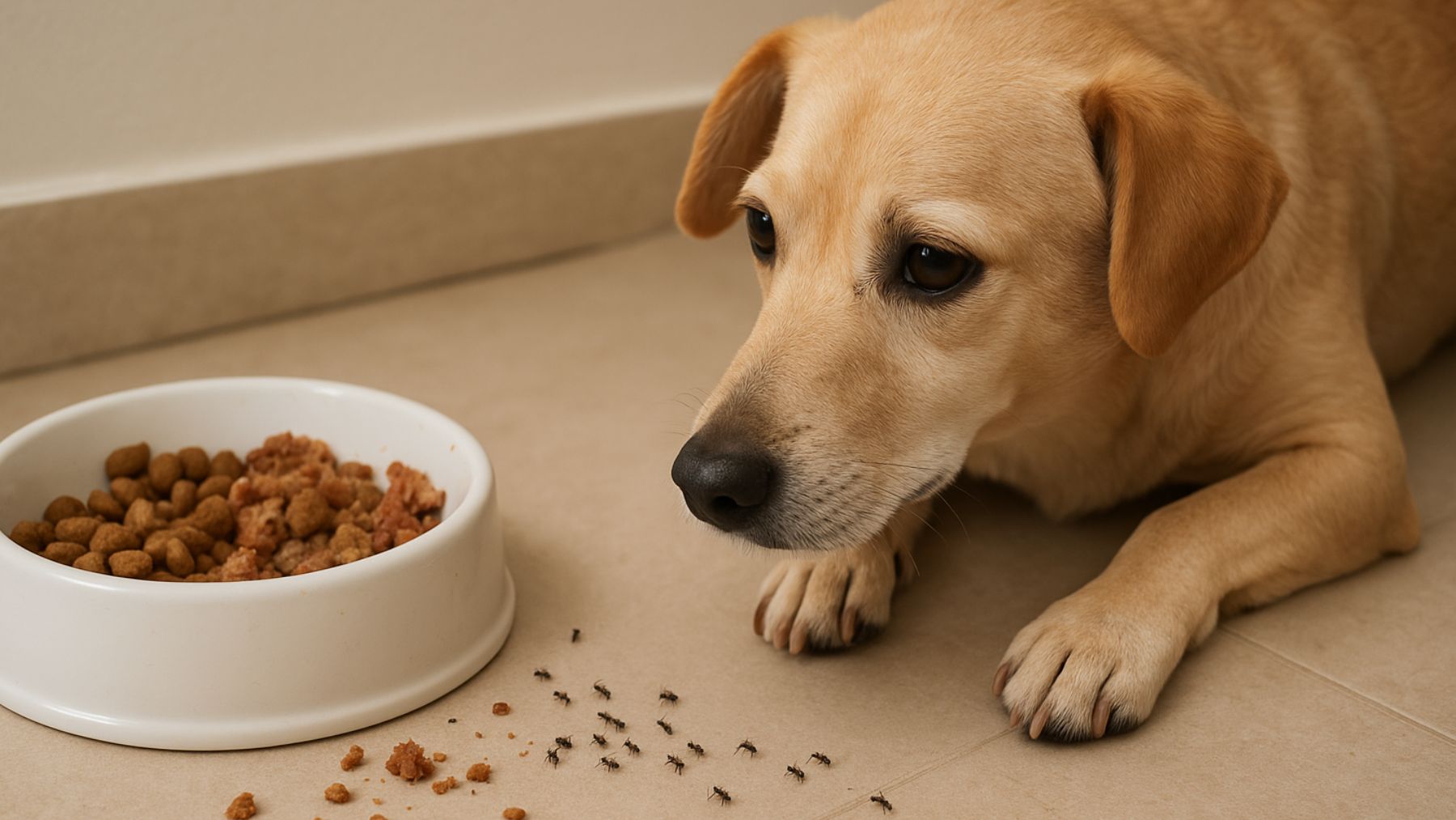 Recreación artística de hormigas acercándose a los restos de comida de un perro.