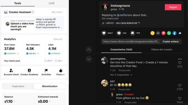 Grace Springer muestra sus ganancias por el vídeo de Coldplay. (TikTok)