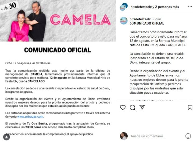Comunicado de la cancelación del concierto de Camela en Elche. (Instagram)