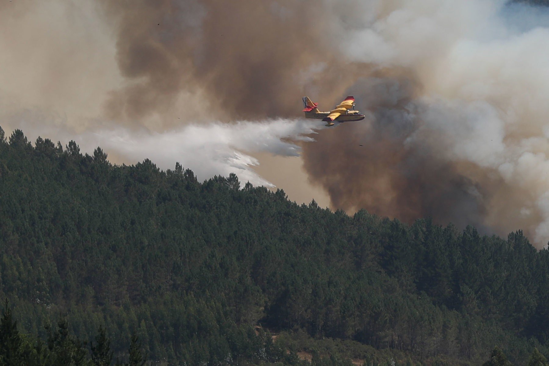 Un hidroavión arroja agua sobre el incendio en la parroquia de Cuiña. EFE