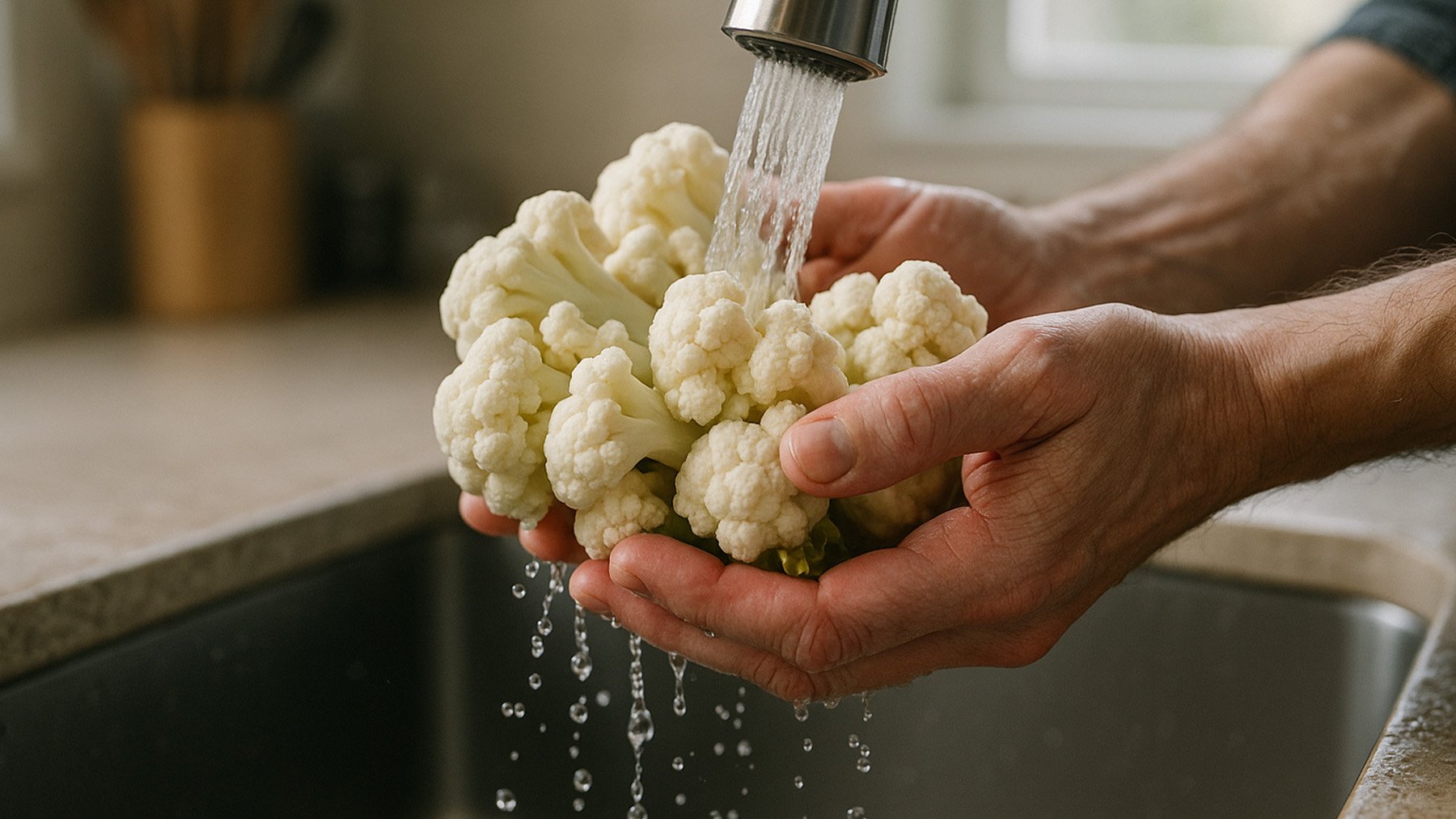 Manos lavando una coliflor. Foto: ilustración propia.