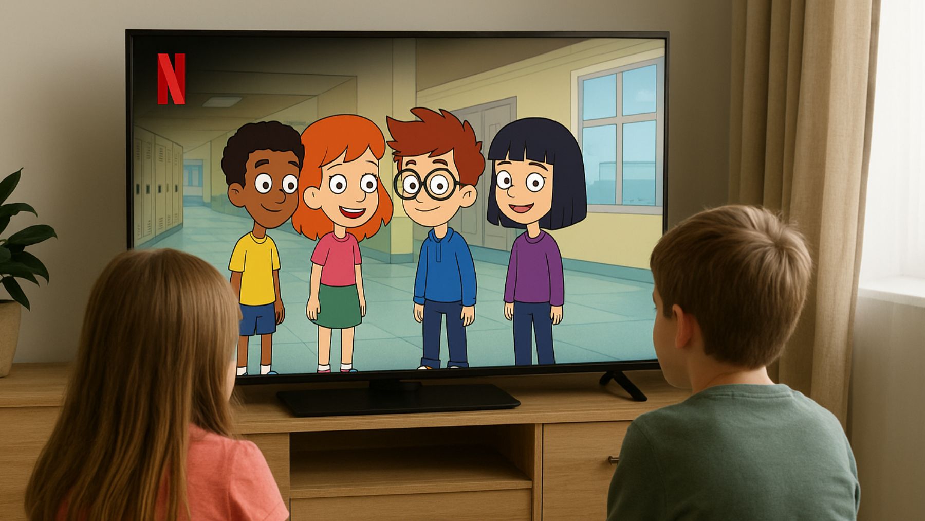 Recreación artística de dos niños viendo series.