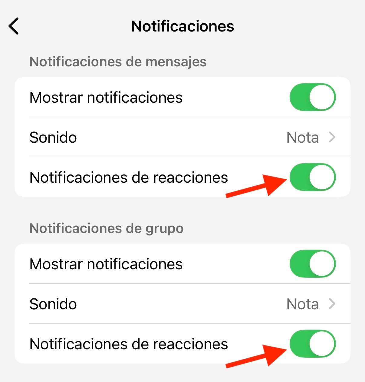 desactivar notificaciones reacciones WhatsApp