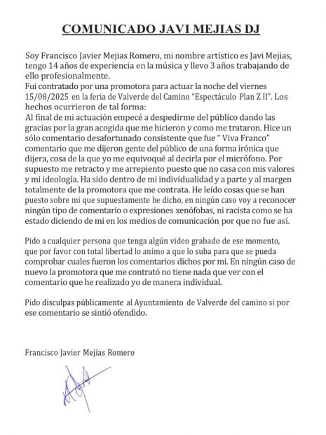 Comunicado de Javi Frías, el DJ que grito "¡Viva Franco!" en la Feria del Valverde del Camino (Instagram).