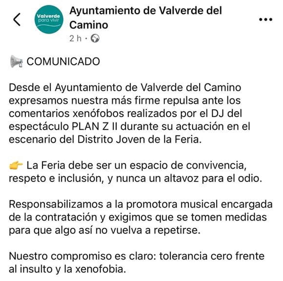 Comunicado publicado por el Ayuntamiento de Valverde del Camino (Facebook).