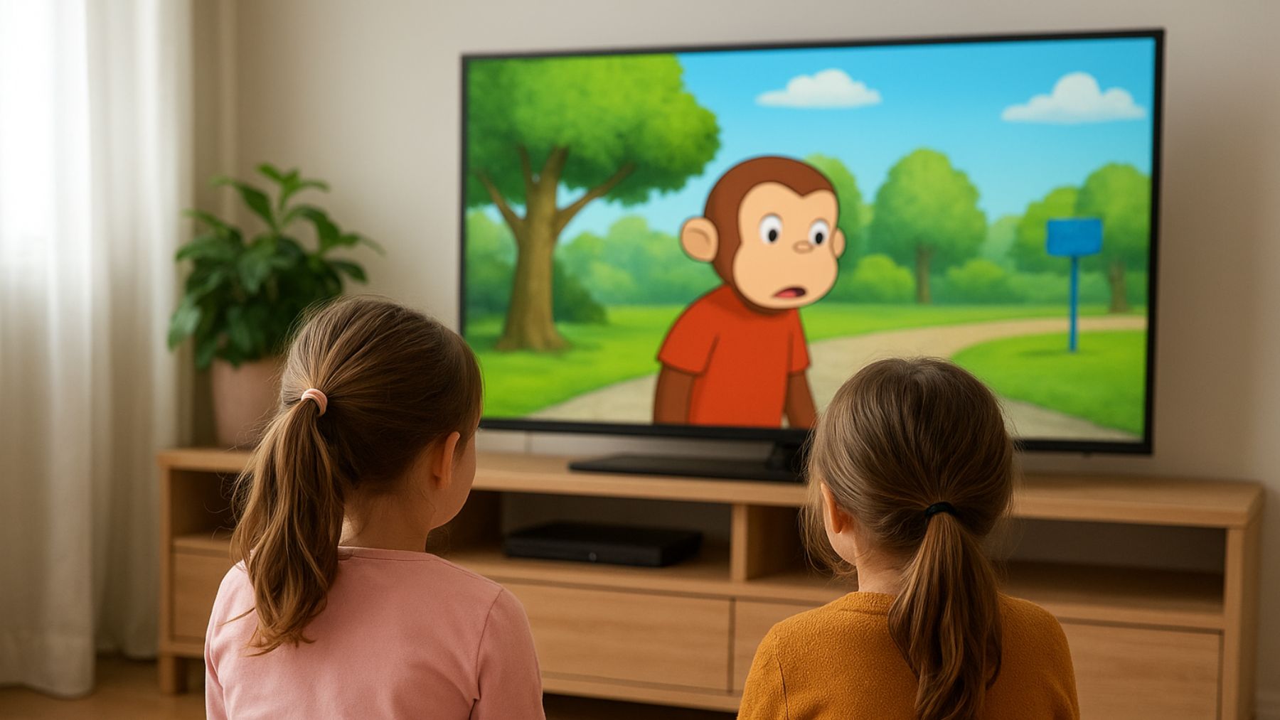 Recreación artística de dos niñas viendo Jorge, el curioso.