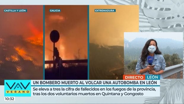 Una reportera de Telecinco, obligada a llevar mascarilla por culpa de los incendios (Mediaset).
