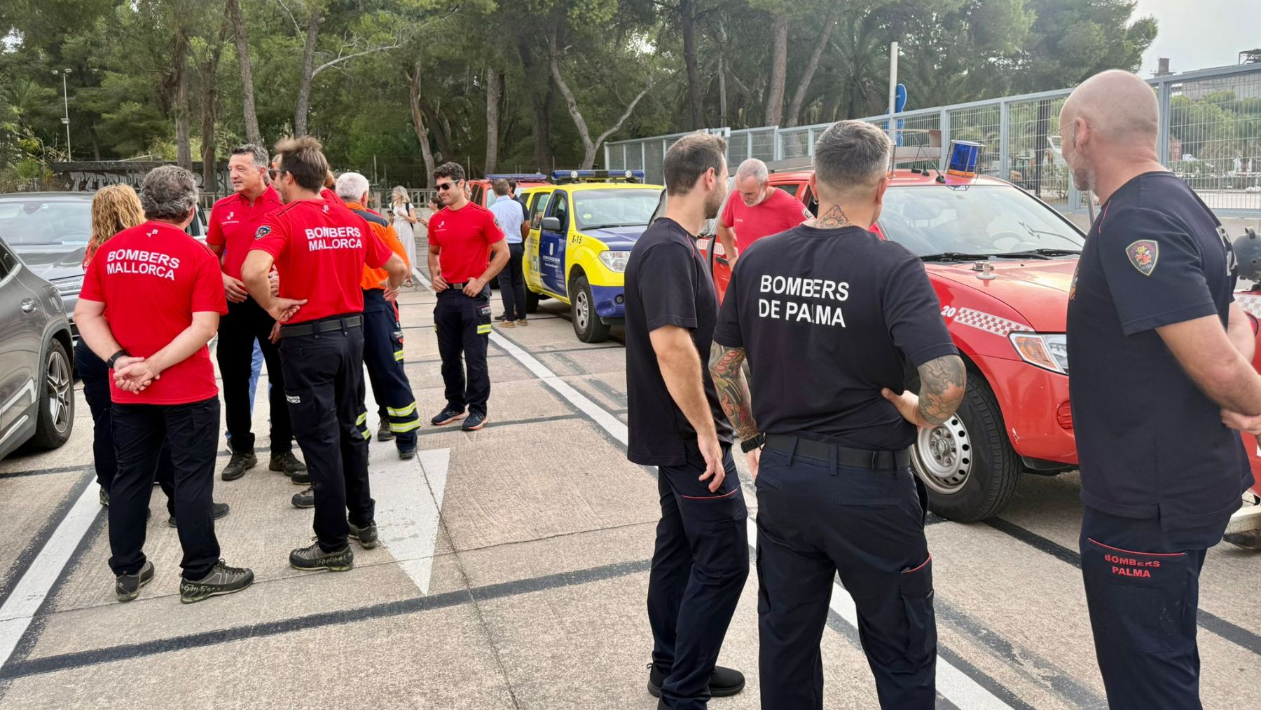 El contingente de bomberos a punto de embarcar en el puerto de Alcudia.