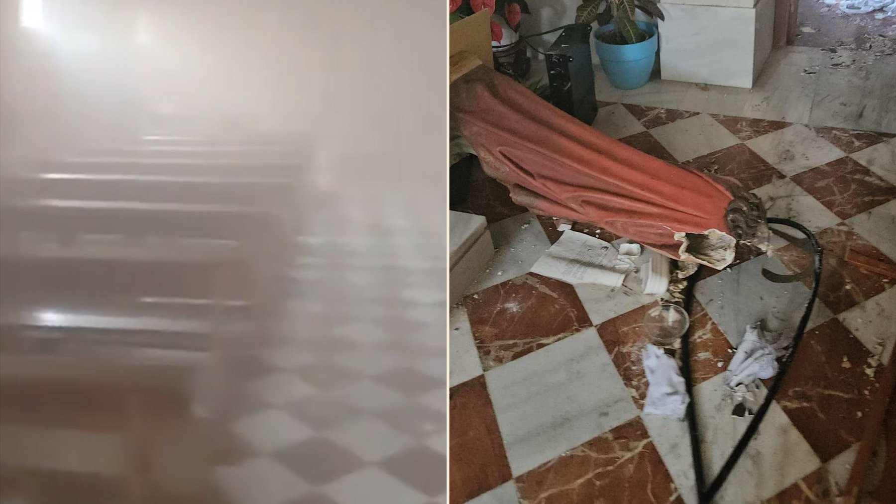 La iglesia de Albuñol tras el ataque, repleta de humo y con una imagen religiosa destrozada.