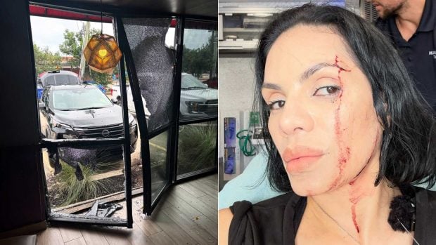 A la izquierda, el coche estrellado en el restaurante; a la derecha las herdias sufridas por la influencer Nina Santiago (Instagram)