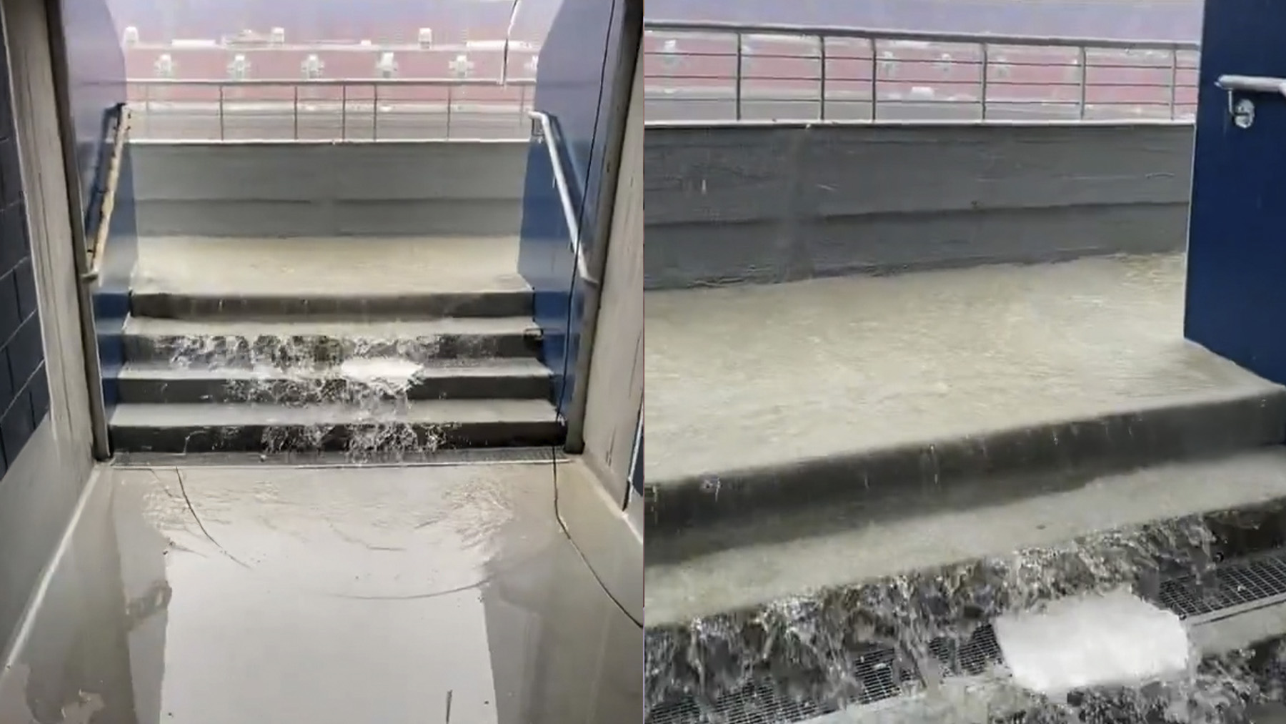 El Camp Nou, inundado por las fuertes lluvias.