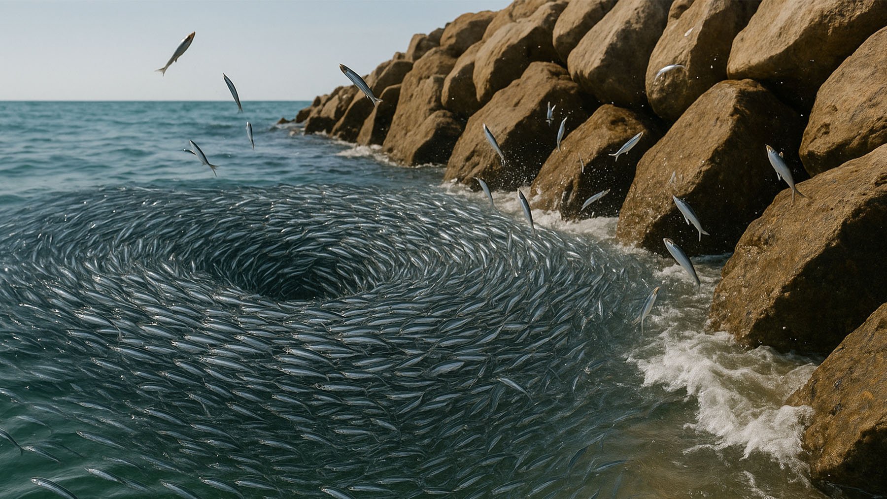 Boquerones haciendo un remolino. Foto: Ilustración propia.