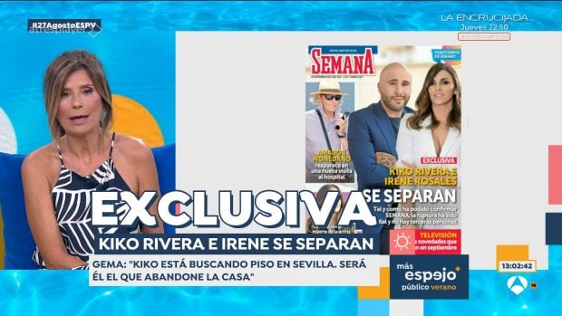 Gema López desvela en Espejo público el motivo de la ruptura de Kiko Rivera e Irene Rosales. (Atresmedia)