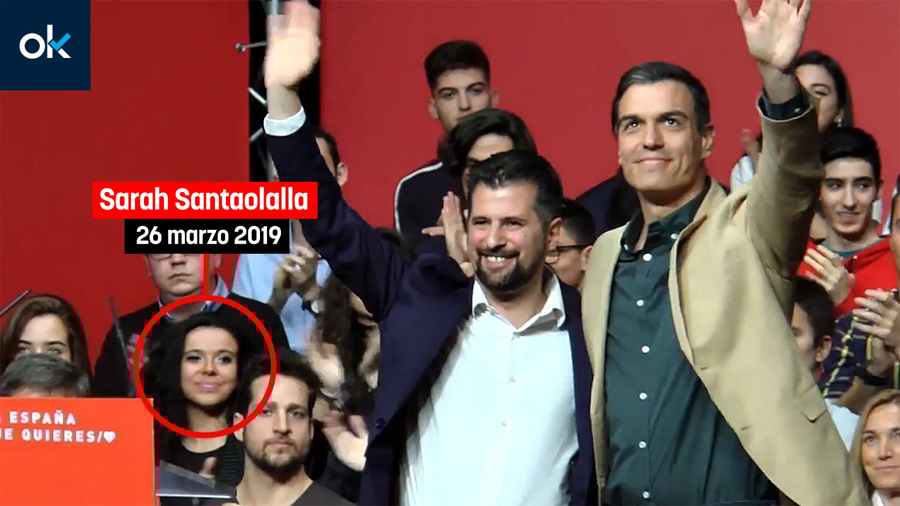 La imagen de la analista de TVE Sarah Santaolalla en un mitin de Sánchez como militante del PSOE