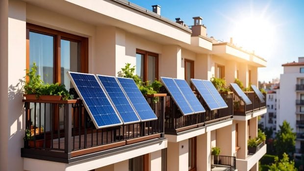 Paneles solares instalados en balcones de varias viviendas.