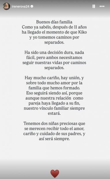 Comunicado de Irene Rosales en Instagram.