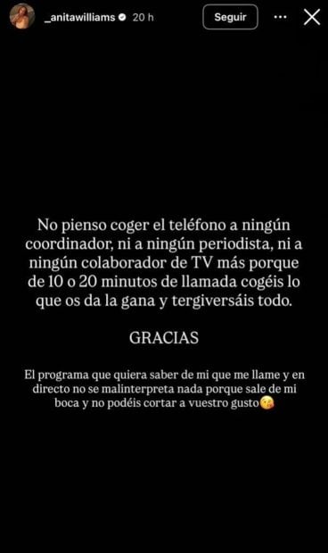 Comunicado de Anita Williams en su cuenta de Instagram.