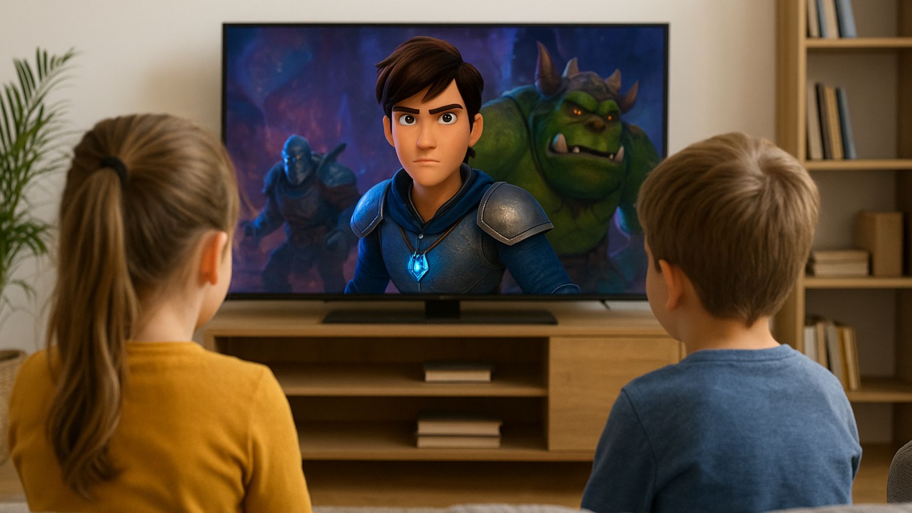 Recreación artística de dos niños viendo Trollhunters.