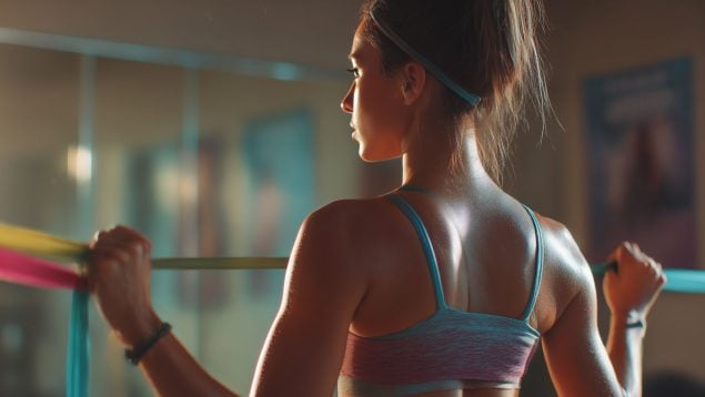 Una mujer haciendo deporte con bandas elásticas.