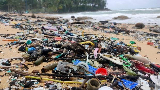 Basura arrastrada a la playa por los vientos monzónicos.