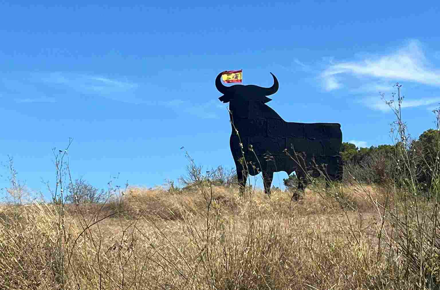Toro de Osborne de Mallorca de color negro y con una bandera de España.