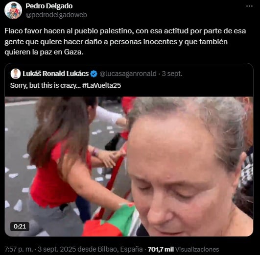 Tuit de Pedro Delgado hablando sobre las protestas en Bilbao en la etapa de La Vuelta (X).