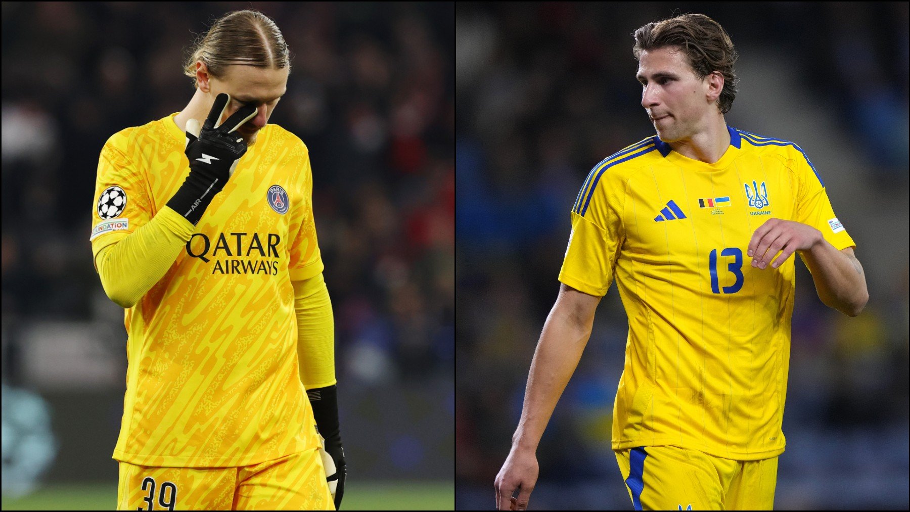 Safonov con la camiseta del PSG a la izquierda y Zabarnyi a la derecha con la de Ucrania. (Getty)