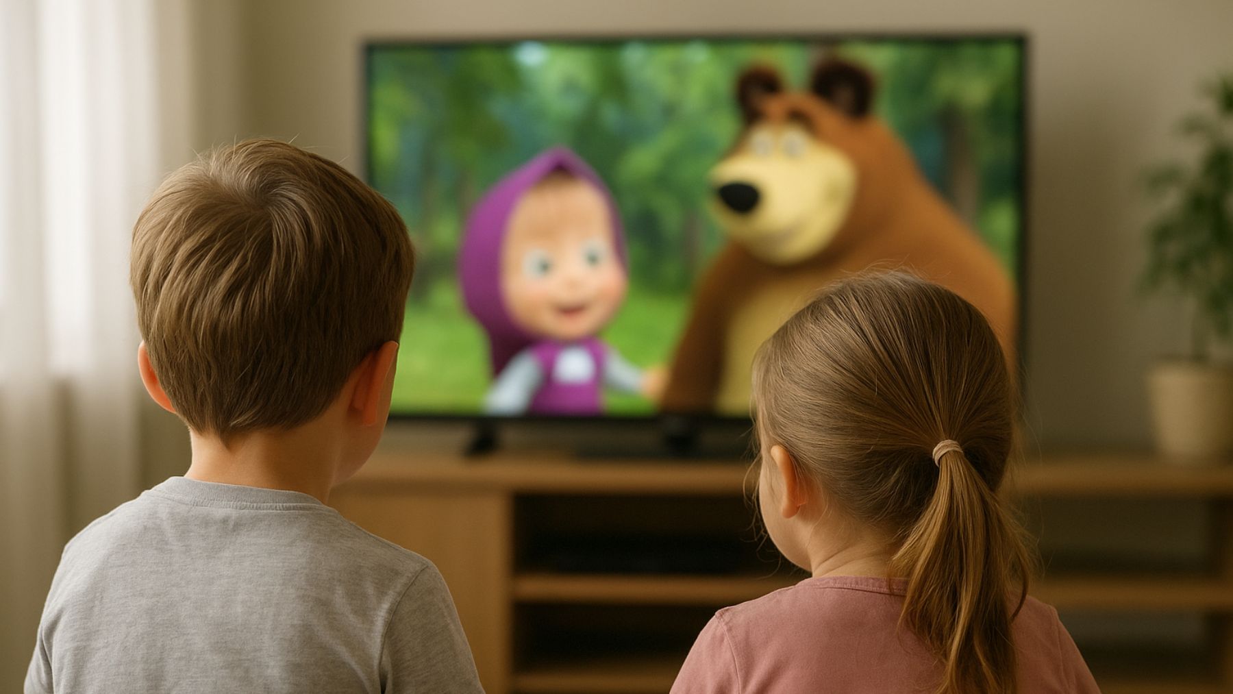 Recreación artística de dos niños viendo Masha y el oso.