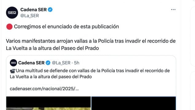 La ‘Ser’, obligada a rectificar un tuit sobre la actuación policial en La Vuelta frente a los radicales