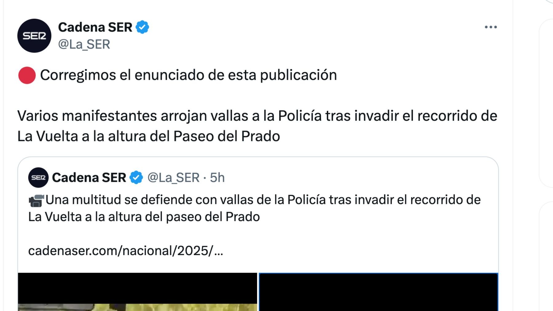 La ‘Ser’, obligada a rectificar un tuit sobre la actuación policial en La Vuelta frente a los radicales