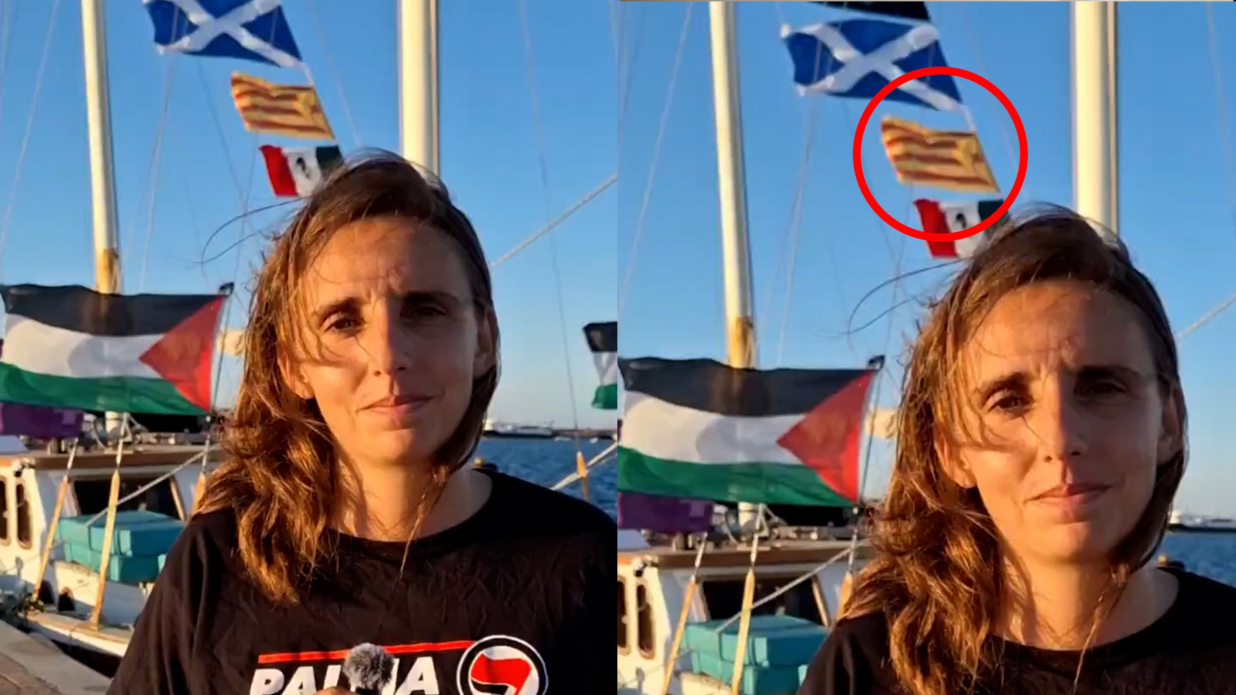 Un velero de la flotilla pro-Gaza donde viaja la edil podemita de Palma exhibe banderas independentistas