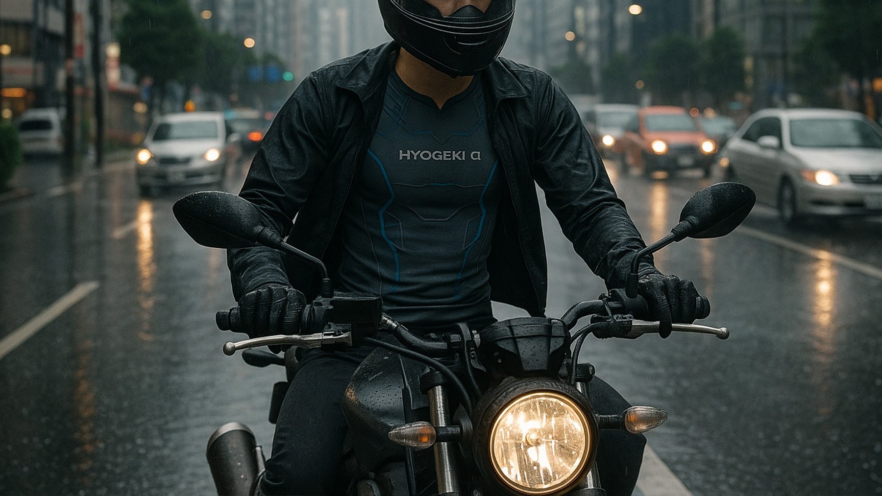 Motociclista japonés bajo la lluvia. Foto: ilustración propia.
