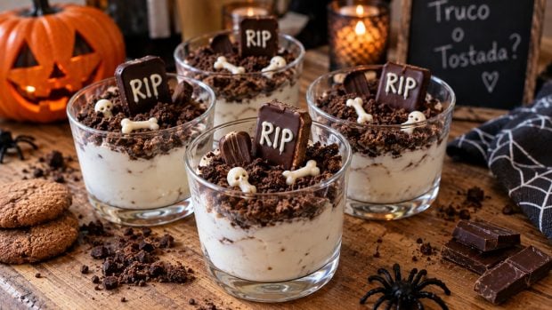 paso a paso Yogur cementerio con galleta triturada y l&aacute;pidas de chocolate