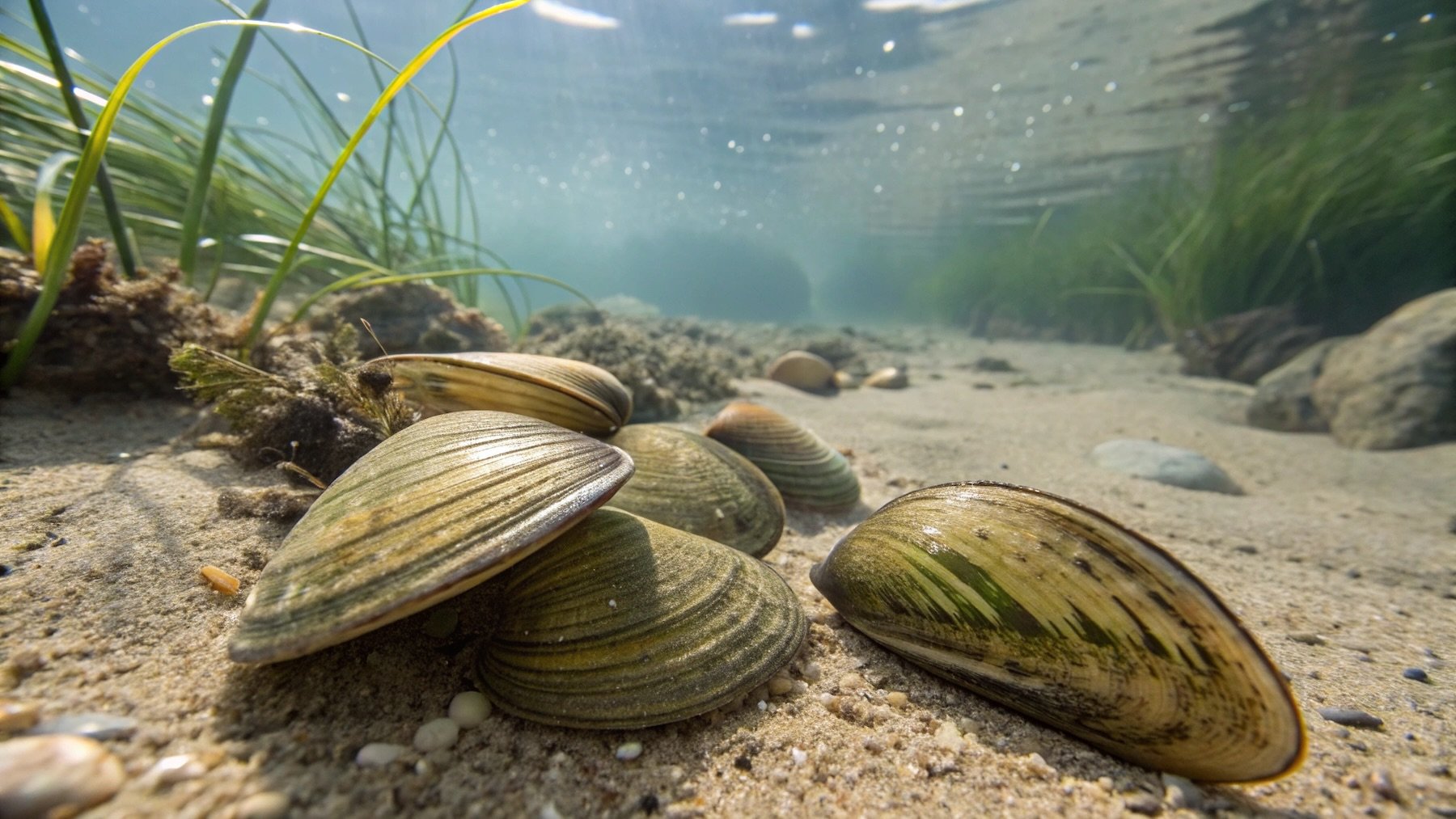 Recreación de unas Corbicula fluminea en el río.