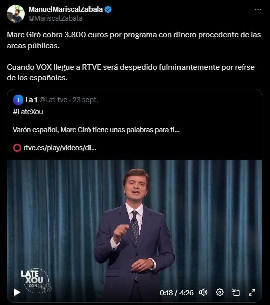 Tuit de Manuel Mariscal Zabala, diputado de Vox en el Congreso de los Diputados (X).