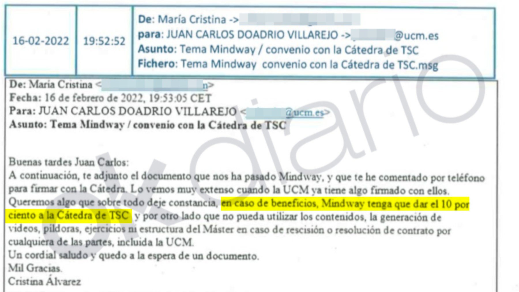 Los correos de la asesora de Begoña con la Complutense: «Hay que dar el 10% de los beneficios a la cátedra»