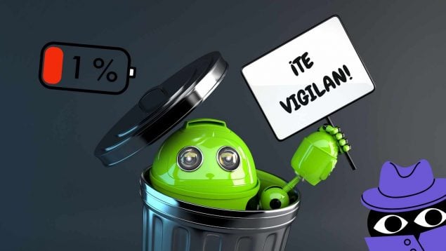 Ilustración sobre spyware en Android mostrando batería baja y alerta de vigilancia.