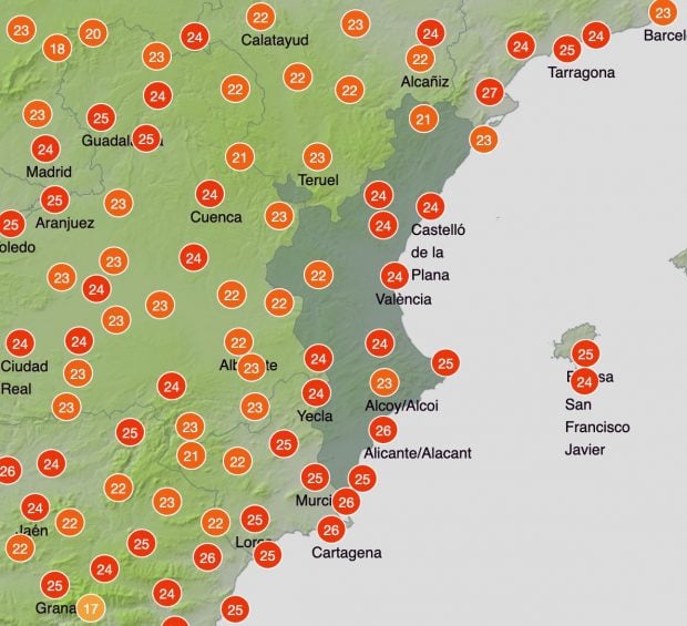 Las temperaturas máximas en la Comunidad Valenciana. (Foto: AEMET)