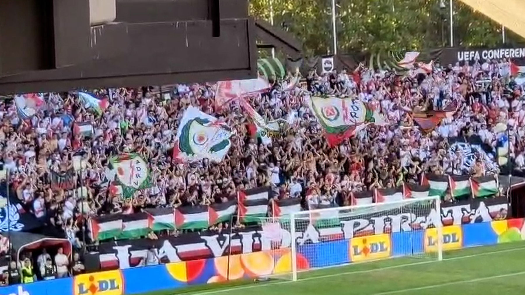 Los ultras del Rayo despliegan banderas de Palestina al grito de «¡aquí están los antisionistas!»