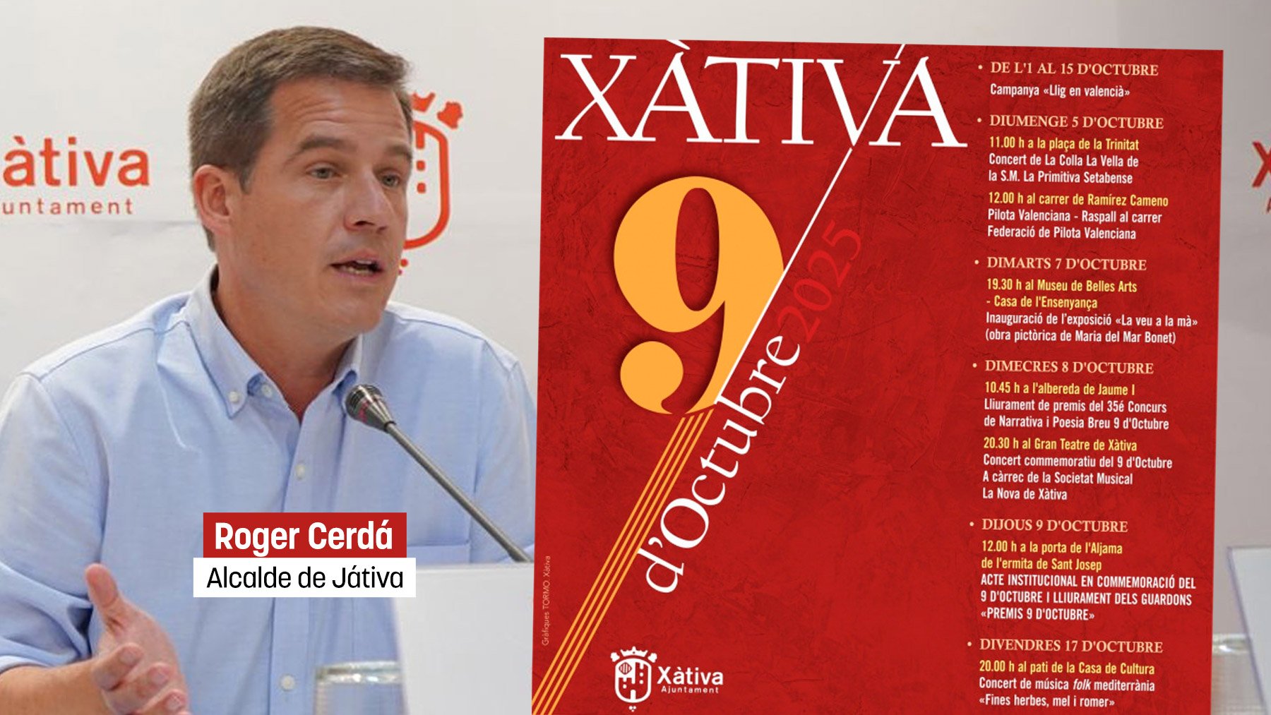 Roger Cerdà y el cartel del 9 d’Octubre con la bandera catalana.