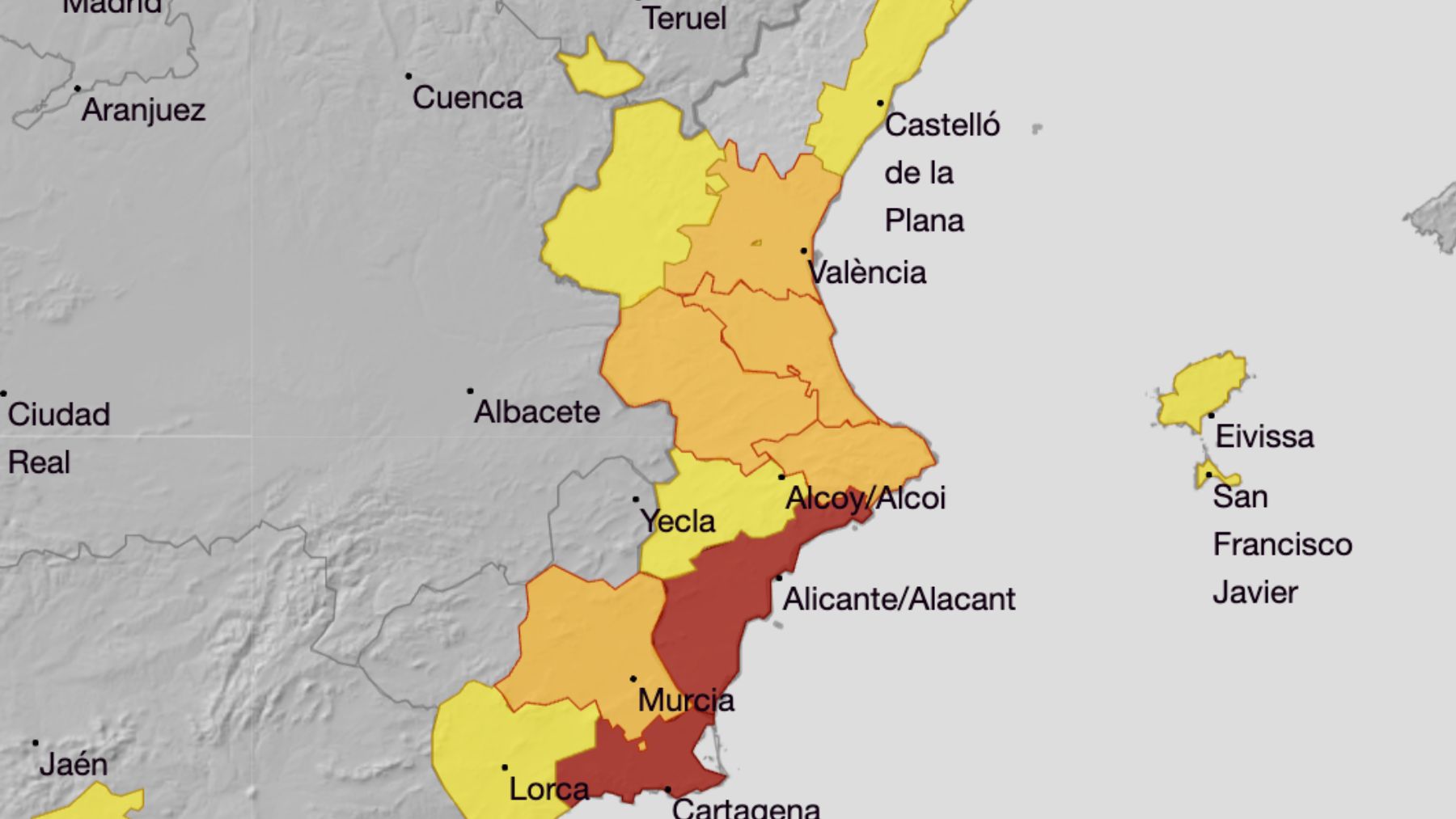 La alerta roja decretada en el litoral sur de la provincia de Alicante. (Foto: AEMET)