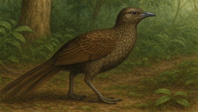 Recreación del Menura Tyawanoides, Hallazgo de un pájaro extinto en Australia, ave australiana endémica, aves y paloentología.