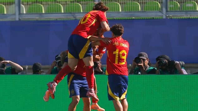 Celebración del gol de Pablo García que clasificó a España a cuartos de final del Mundial Sub-20