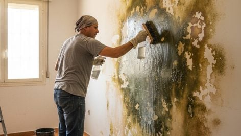 Hombre quitando la humedad de las paredes. Foto: ilustración propia.