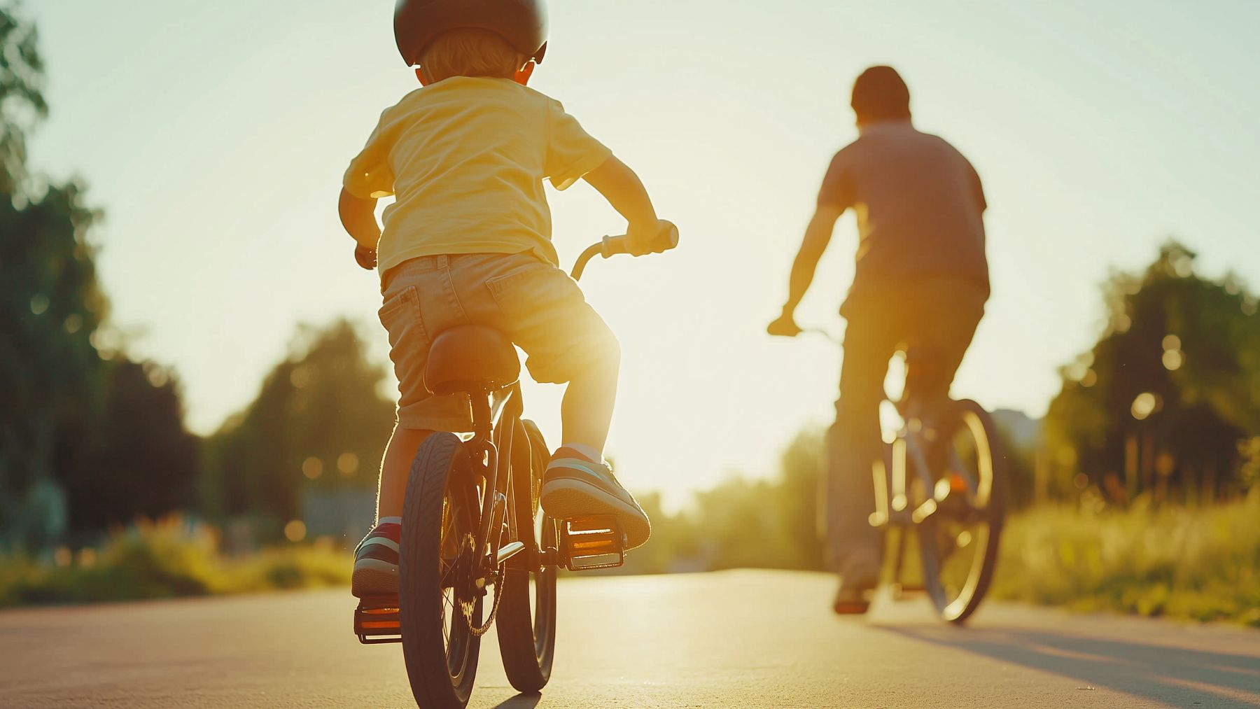 Un padre y un hijo en bicicleta.