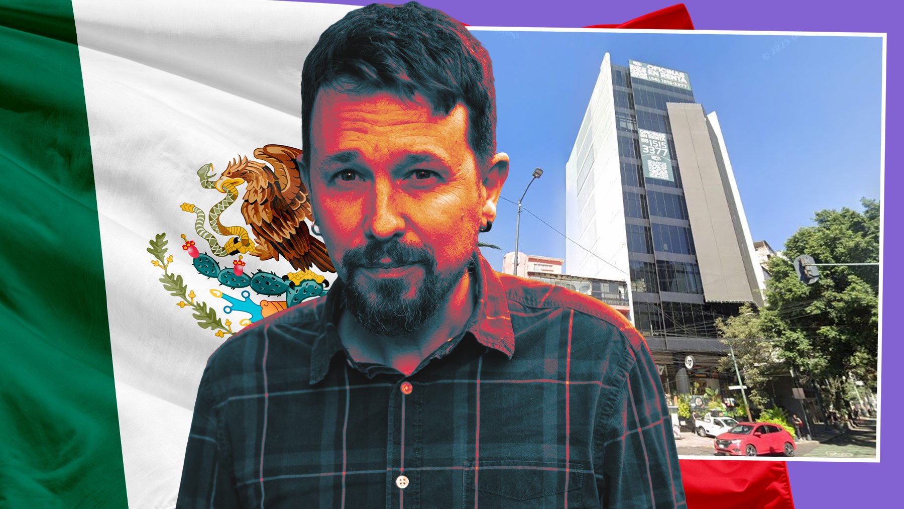 Pablo Iglesias y la sede de su empresa en México.