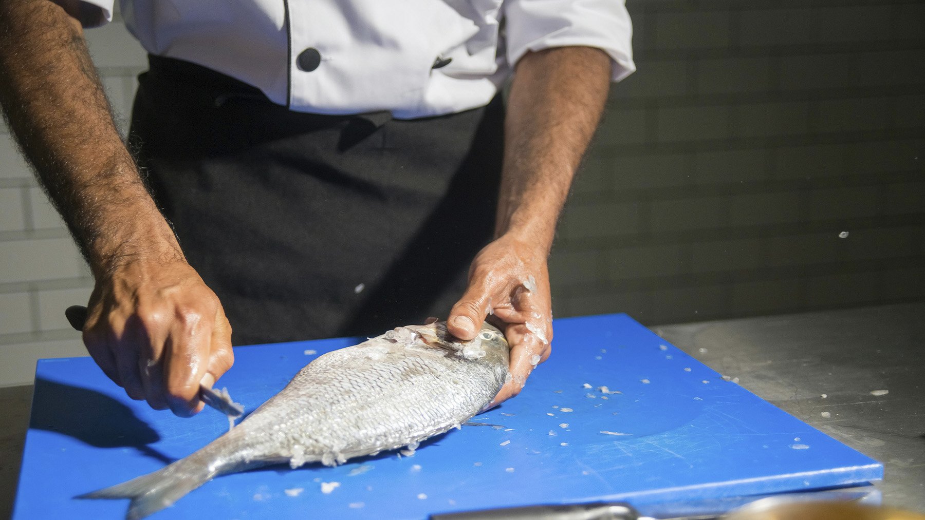 Cocinero trabajando con pescado