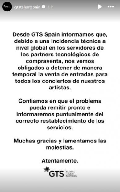 Comunicado de GTS Talent, la agencia de Aitana Ocaña, sobre la venta de sus entradas (Instagram).
