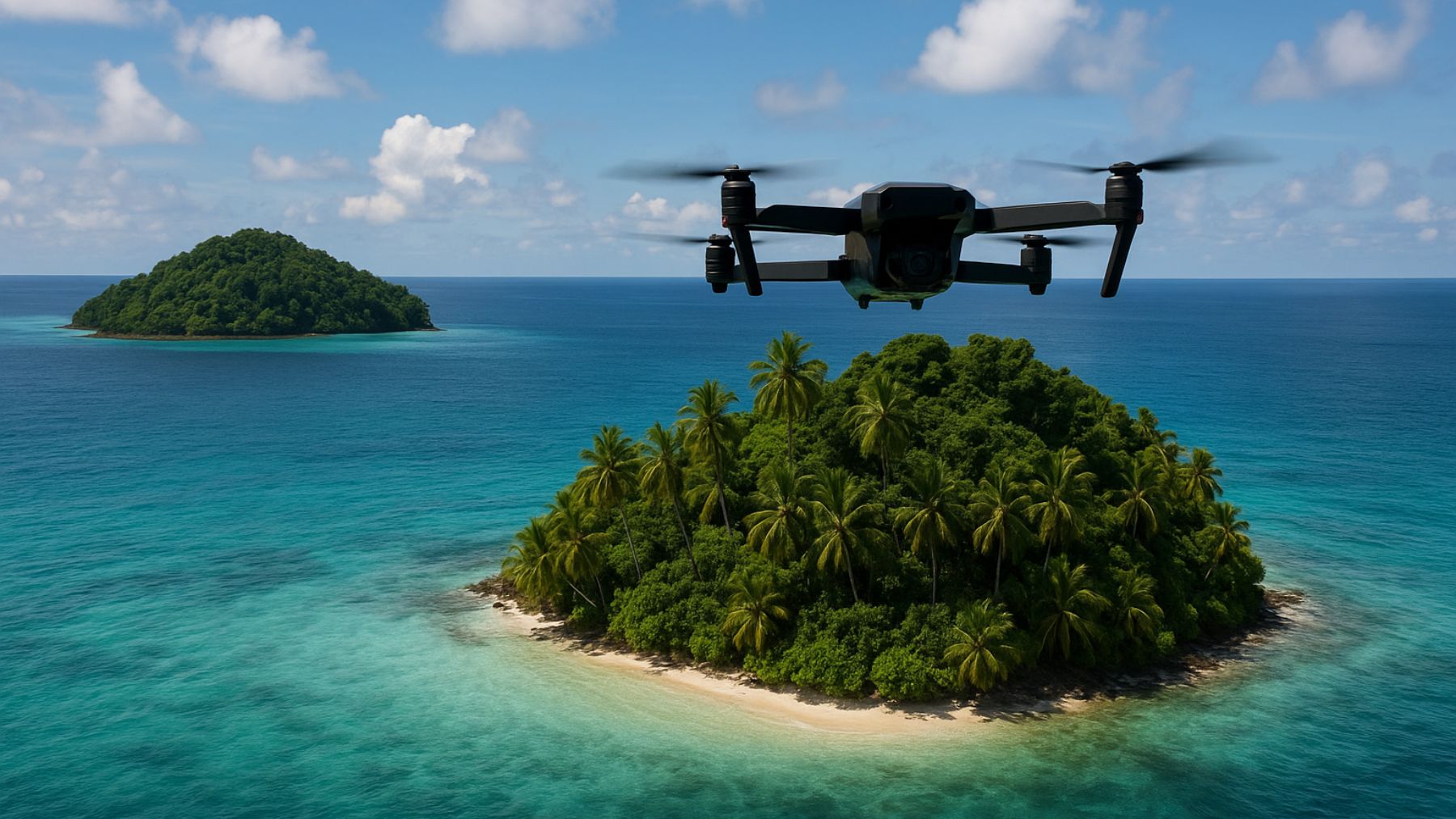 Recreación artística de un dron en una isla paradisíaca.